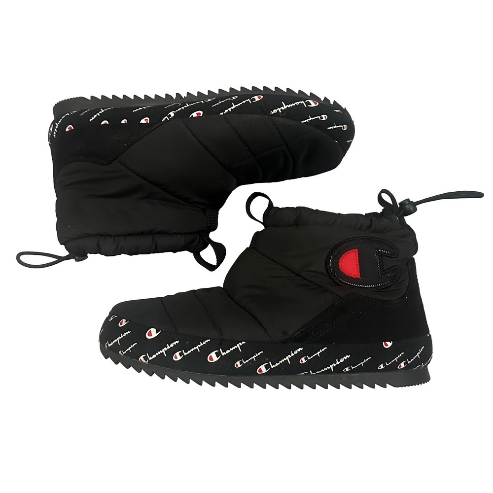 Women 8W Black Champion Rally Script Winter Snow Booties Cozy Lined Slippers Y2K